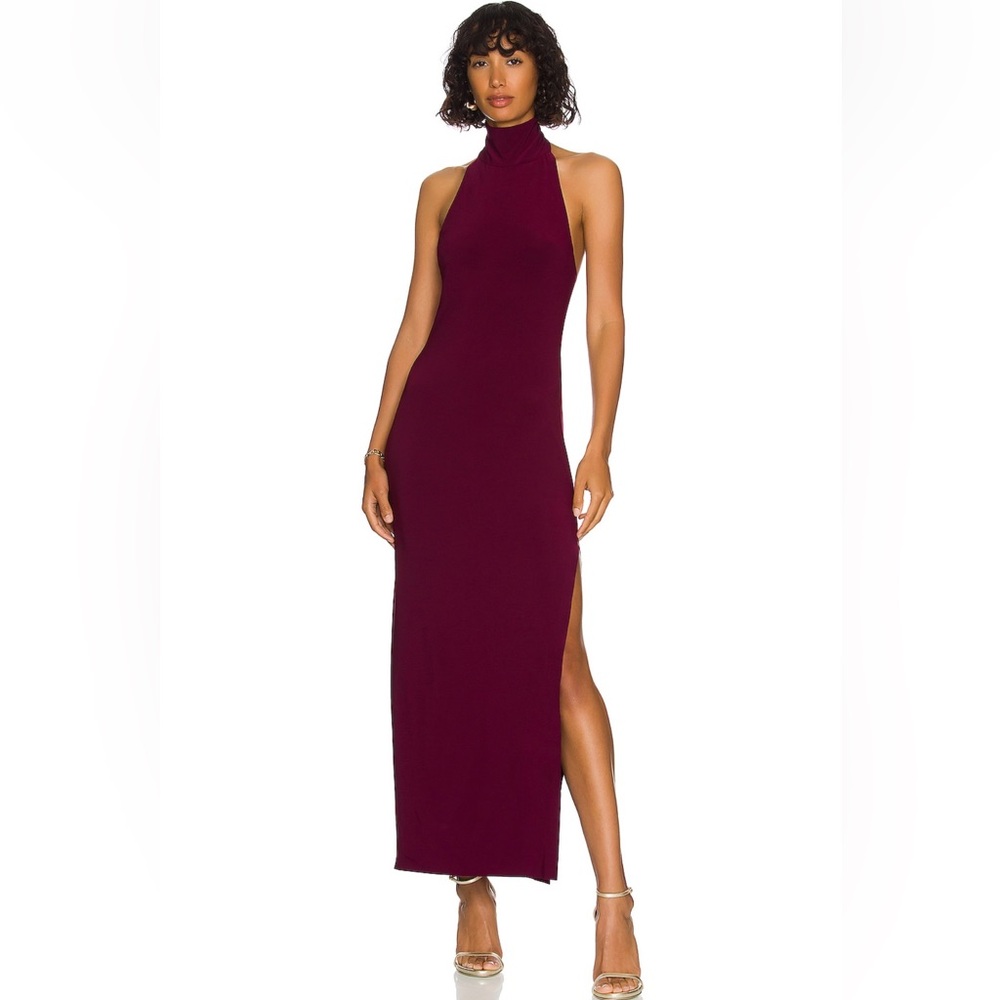 NWT- Norma Kamali Turtle Halter Side Slip Dress, Plum- XS